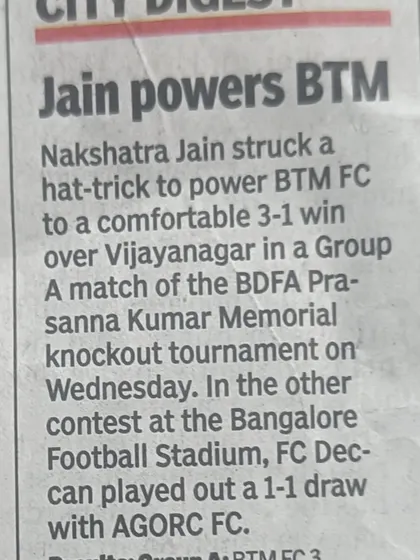 Another newspaper clipping celebrating Nakshatra Jain's hat-trick, highlighting how he powered BTM to a comfortable win. Our players' performances get noticed.
