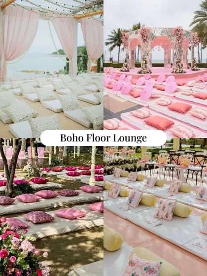 For a relaxed and youthful vibe, we design boho floor lounges with a mix of colorful cushions, rugs, and low seating, perfect for a Mehendi or carnival event.