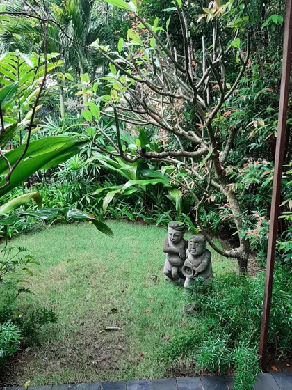 Creating peaceful nooks is a key part of my landscape philosophy. This small, secluded lawn area is surrounded by dense tropical foliage and features charming stone statues, showing how I use decor to enhance the natural beauty of a garden.