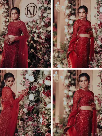 A four-panel collage of the bride in her red lehenga, posing against a wall of flowers.
