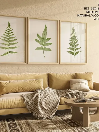 A classic set of three botanical watercolor prints featuring different types of ferns. The delicate green leaves against a neutral background, framed in natural wood, bring a timeless and natural elegance to any room.
