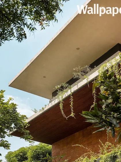 An upward view of the cantilevered roof and greenery, from the Wallpaper* magazine feature.