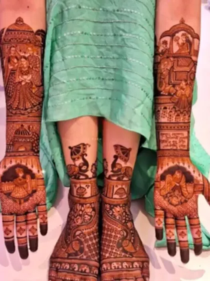 A complete bridal mehandi look, with matching designs for both hands and feet. I create cohesive art that flows from your arms to your legs, featuring portraits and traditional wedding motifs.