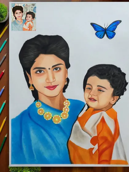 A beautiful A2 size portrait of a mother and child, created with colored pencils. The addition of the blue butterfly adds a touch of magic to this loving moment.
