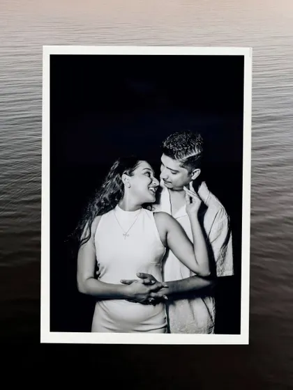 A creative, framed black and white portrait of Eden and Snyder. This stylized edit adds an artistic and modern touch to their pre-wedding photos.