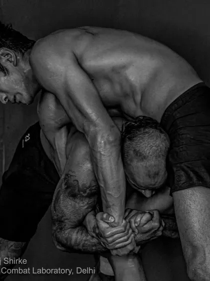 The grind of the clinch. Rahul Thapa and Seth Rosario working on wall wrestling, a critical skill in MMA.