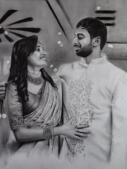 The completed couple portrait with detailed traditional Indian clothing.