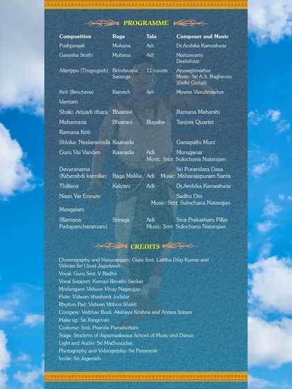 The program details for a 'Rangollaasa', listing the compositions, ragas, and composers. This demonstrates the depth of the repertoire a student learns, blending traditional pieces with compositions on Ramana Maharshi.