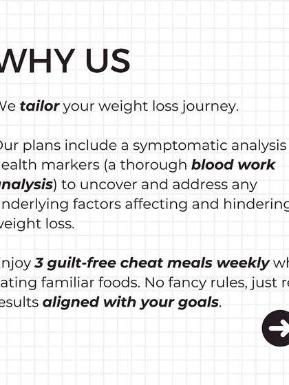 My approach is to tailor your weight loss journey. We use a thorough analysis of your symptoms and blood work to address underlying factors, while allowing 3 guilt-free cheat meals weekly.