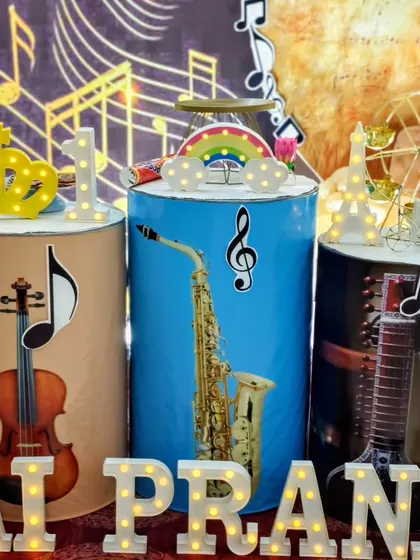 A close-up of the instrument-themed pedestals.