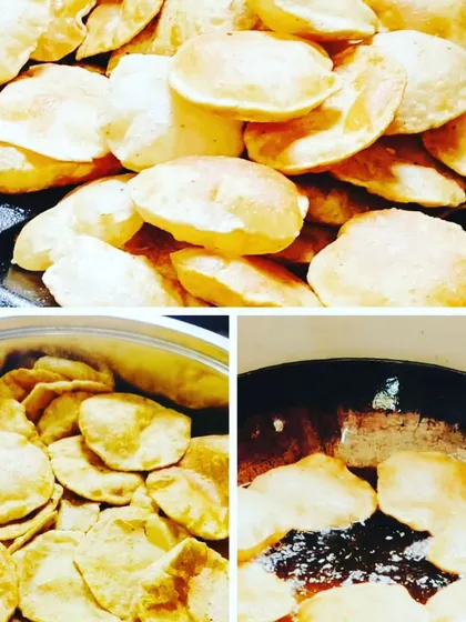 A collage showing our perfectly puffed puris being made. These are a festive favorite and are often part of our special occasion menus. We fry them to a perfect golden brown, ensuring they are light and delicious.