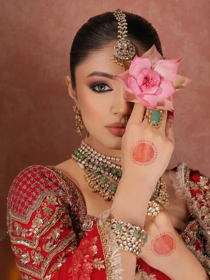 A beautiful, artistic pose that draws attention to the alta on her hand and the perfectly applied makeup. The soft lighting enhances the radiant quality of her skin.
