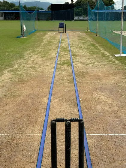 A view from the bowler's end of our line-and-length drill setup. The goal is to make the practice environment as specific and purposeful as possible.