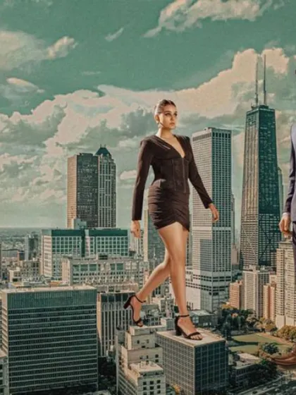 A surrealist campaign for Godstra Suiting, where I styled the models as giants walking through a cityscape. The sharp, contemporary business attire contrasts with the fantastical scale of the image.