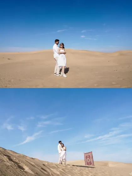 A diptych showing the couple in the desert, with and without the "magic carpet" prop, highlighting the grand scale of the dunes.