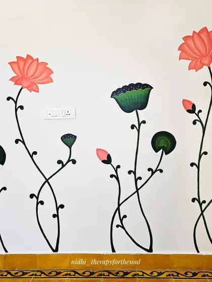 A straight-on view of the delicate lotus stems. The minimal color palette and graceful, intersecting lines create a design that is both beautiful and calming.