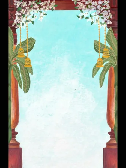 An alternate version of the traditional wedding invite background. Here, a soft blue, textured sky is added within the arch, offering a different mood to the design.