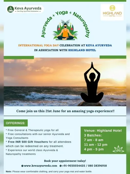 This is an invitation to our International Yoga Day celebration. We offer free general and therapeutic yoga sessions, demonstrating our commitment to integrating yoga with Ayurveda for a complete wellness experience.