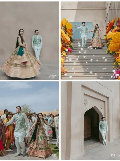 A collage capturing the vibrant daytime events at a Jaipur palace wedding, from the colorful floral decor on the grand staircase to the joyful baraat procession.