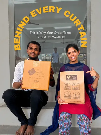 This is why your order takes time, and why it's worth the wait. Our team members, holding freshly packed orders, represent our promise to cut, stitch, check, and pack every item as if it were for our own home.