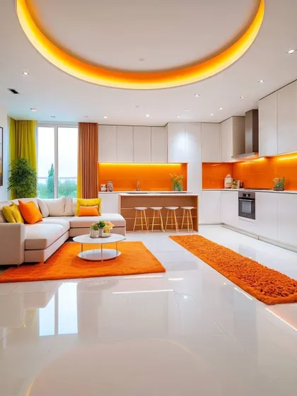 This open-concept space uses a bold orange backsplash and matching rugs to connect the kitchen and living areas. The curved ceiling light adds a soft, modern touch.