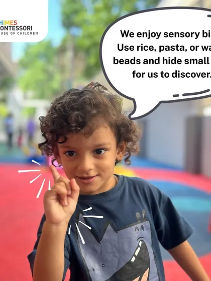A child recommends sensory bins with rice or pasta, a wonderful way to engage the sense of touch and discovery.