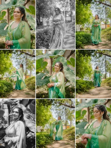 A collage of the bride's solo portraits from her mehndi day. It includes a mix of color and black and white shots, showcasing her beauty and the gorgeous green surroundings.