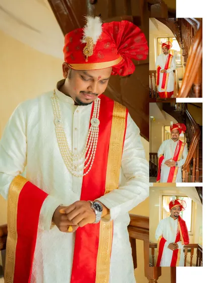 A collage of the groom getting ready, showing details of his outfit and his anticipation for the ceremony.