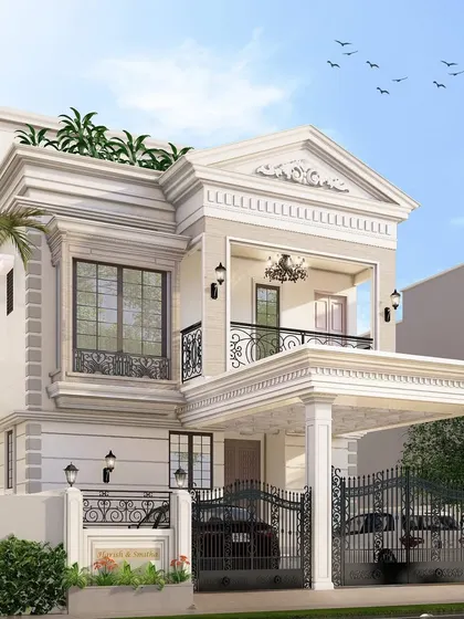 A neoclassical design characterized by its perfect symmetry and classical elements. The facade features a triangular pediment, ornate cornices, and a grand portico supported by columns, creating a timeless and refined appearance.