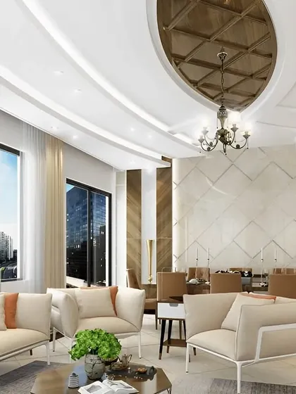 This bright and airy living and dining space showcases a sophisticated design with a stunning curved ceiling detail. The neutral color palette and elegant furniture create a welcoming atmosphere for both relaxation and formal dining.