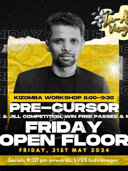 The poster for a special Friday Open Floor featuring a Kizomba workshop and Jack & Jill competition with a guest instructor. We love bringing new experiences to our studio.