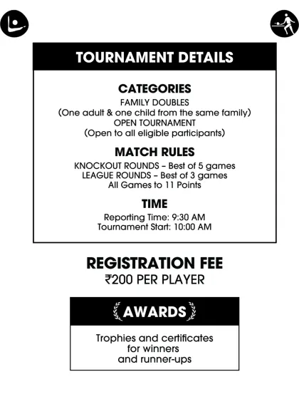 A breakdown of the categories, rules, and registration fee for the Family Cup Table Tennis Tournament.