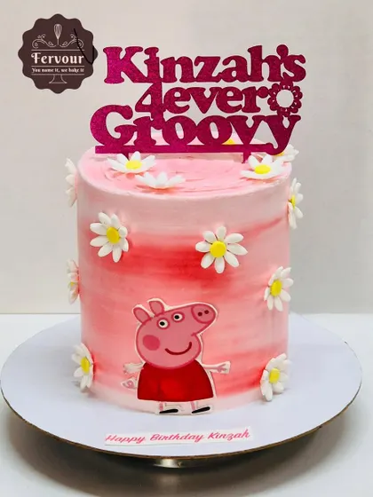 A "4ever Groovy" Peppa Pig cake with a fun, retro vibe. The pink ombre cake is decorated with daisy flowers and a custom glittery topper, making it a stylish choice for a 4th birthday.
