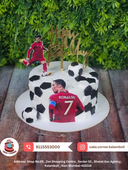 A Cristiano Ronaldo-themed football cake. Featuring an edible print of the GOAT and footballs, it's a sure winner for any fan.