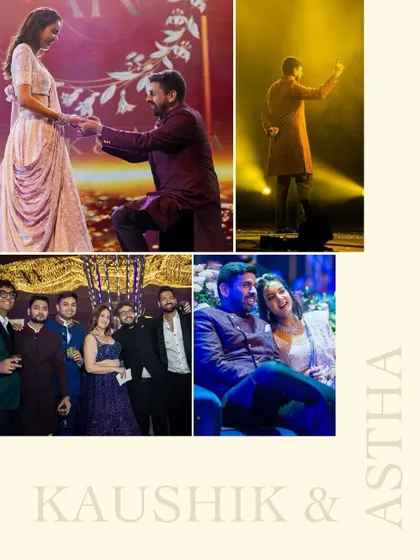 A collage celebrating Kaushik and Astha's Sangeet. It captures the on-stage proposal, the groom's energetic performance, and the couple enjoying the night with their friends.