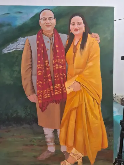A completed 48"x36" commissioned couple portrait, resting in the studio. The background has been rendered with soft, naturalistic tones to keep the focus entirely on the subjects.
