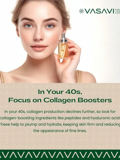 In your 40s, collagen production declines further. I suggest focusing on collagen-boosting ingredients like peptides and hyaluronic acid to keep skin firm and reduce the appearance of fine lines.
