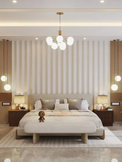 This bedroom combines earthy tones and a variety of light fixtures, from a central chandelier to bedside pendants, to create a warm and inviting ambiance.