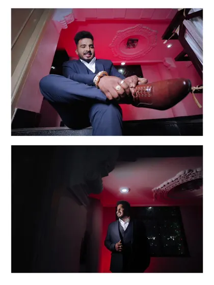 A collage of the groom getting ready, showing details like his suit and shoes.