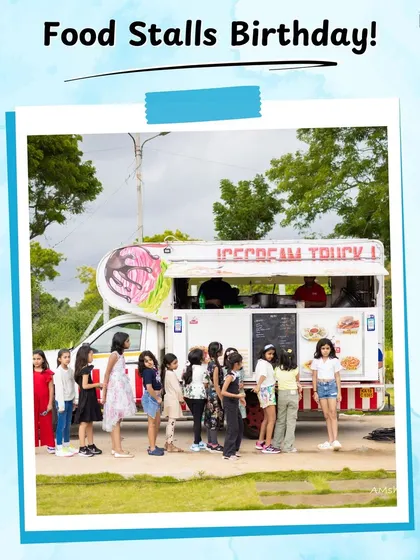 This graphic highlights my "Food Stalls Birthday" concept, showing kids eagerly lining up at an ice cream truck. I can bring a variety of fun food stations to your party.