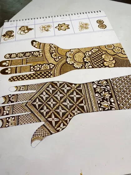 These are two different styles of hand designs we practice in our course. One is a floral pattern, while the other is a geometric grid design, showing the variety you will learn.