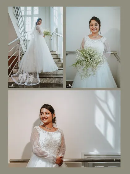 A collage of the bride in her stunning white gown, capturing her grace and happiness from different angles. The natural light adds a soft, angelic glow.