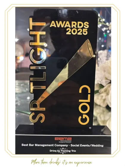 The Gold Award trophy for "Best Bar Management Company" at the Spotlight Awards 2025 by EEMA. This award recognizes our excellence in managing social and wedding events.