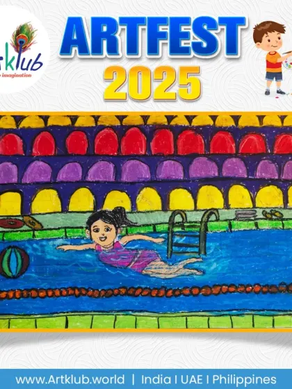 A colorful oil pastel drawing by a junior artist showing a girl enjoying a swim in the pool.