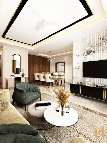 A wide shot of the open-concept living space, showing how we use consistent materials like Italian marble and dark wood to unify the room.