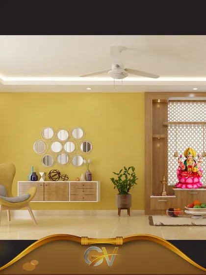 This design incorporates a pooja unit seamlessly into the living area. The unit, framed in wood with an intricate jaali backdrop, is complemented by a cheerful yellow accent wall and modern decor.