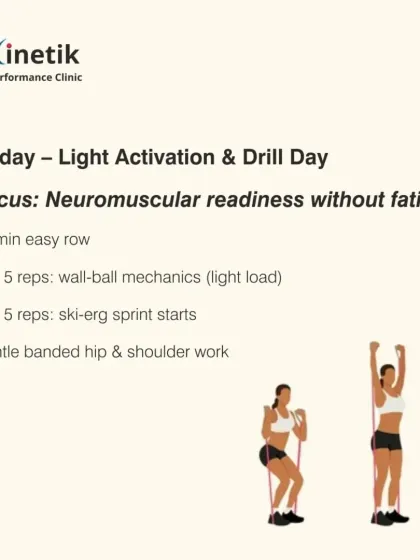 The day before the race is for light activation. A 10-minute easy row and some gentle banded hip and shoulder work can ensure your neuromuscular system is ready without causing fatigue.