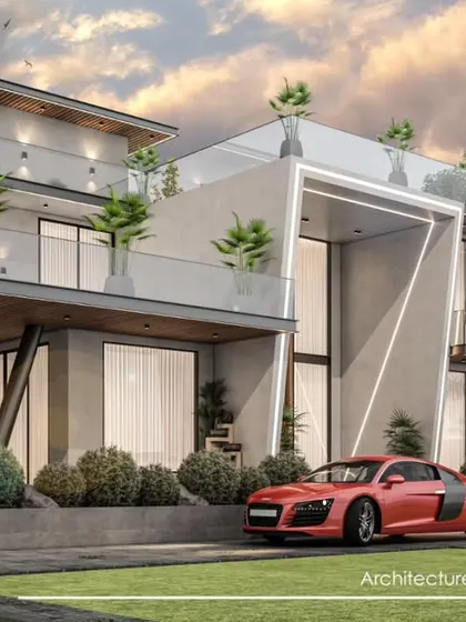 A 3D visualization for a luxury farmhouse in Alipur. The design features expansive terraces, a double-height entrance, and a strong horizontal emphasis that connects it to the landscape.