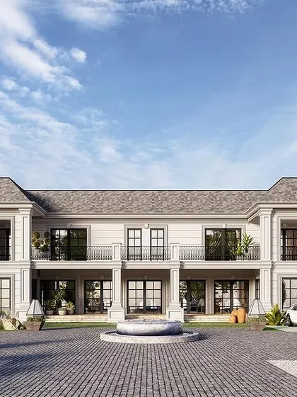 A render of a neoclassical farmhouse we designed as a serene oasis on the city outskirts. The symmetrical facade, classical proportions, and grand entrance create a sense of refined elegance and rustic charm.