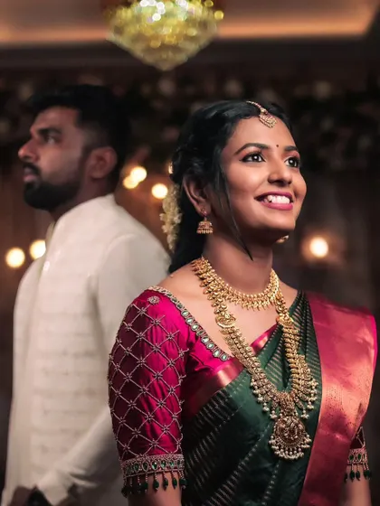 A duplicate of a beautiful bridal portrait, this image continues to highlight the bride's radiant smile and elegant attire, a testament to the joy of the day.